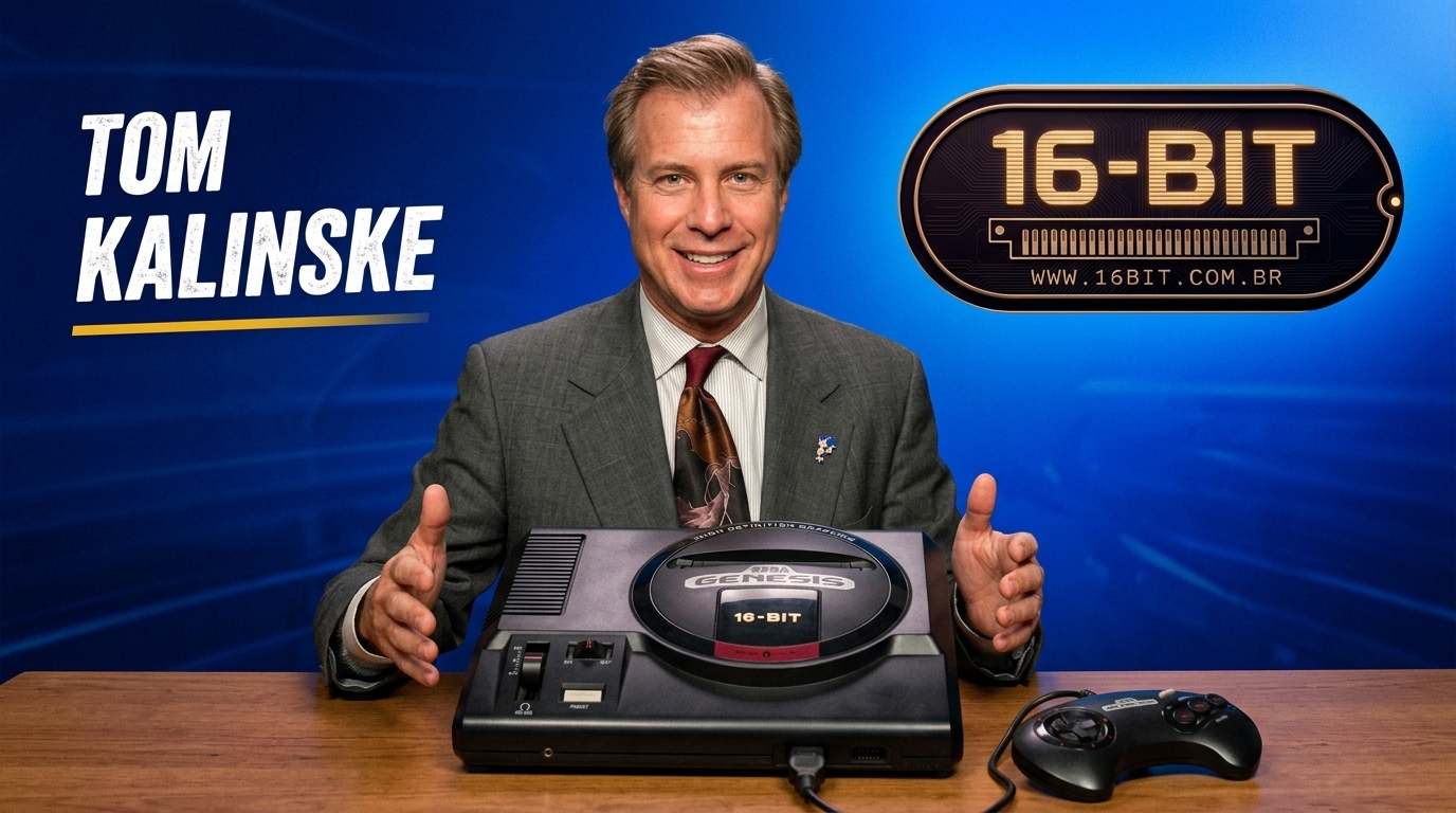 Tom Kalinske, presidente da Sega of America, e o seu Sega Genesis